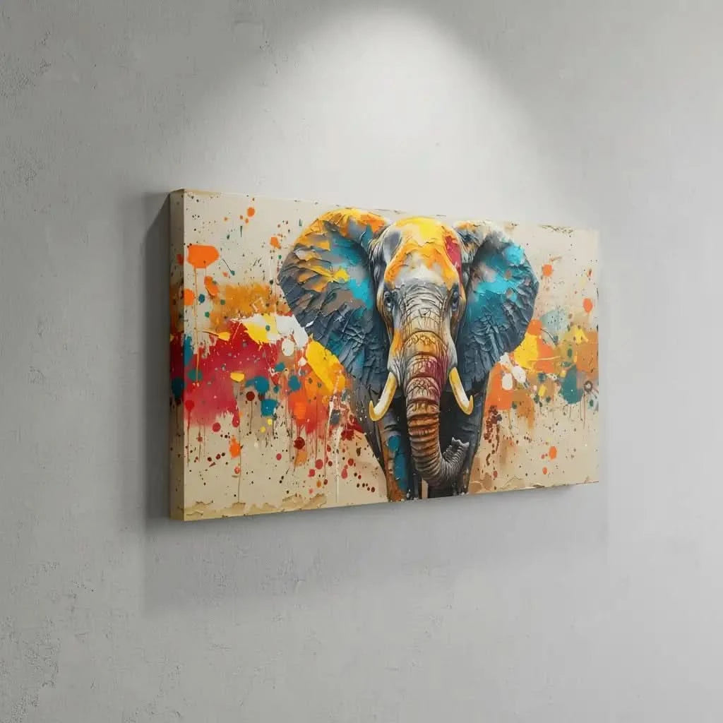 Toile d'un éléphant aux couleurs éclatantes, bleu profond, orange vif, rouge incandescent, énergie dynamique pour salon modern.