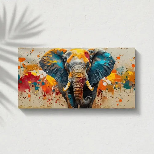 Toile d'un éléphant aux couleurs éclatantes, bleu profond, orange vif, rouge incandescent, énergie dynamique pour salon modern.