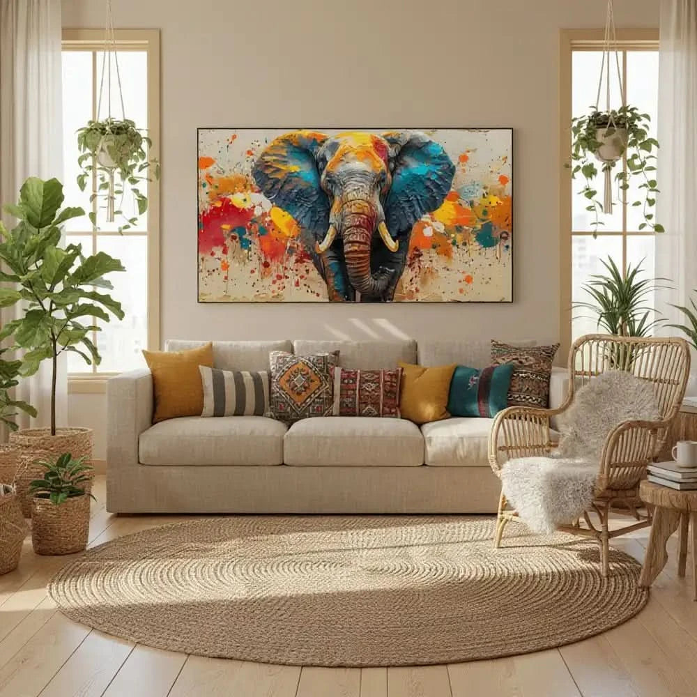 Toile d'un éléphant aux couleurs éclatantes, bleu profond, orange vif, rouge incandescent, énergie dynamique pour salon modern.