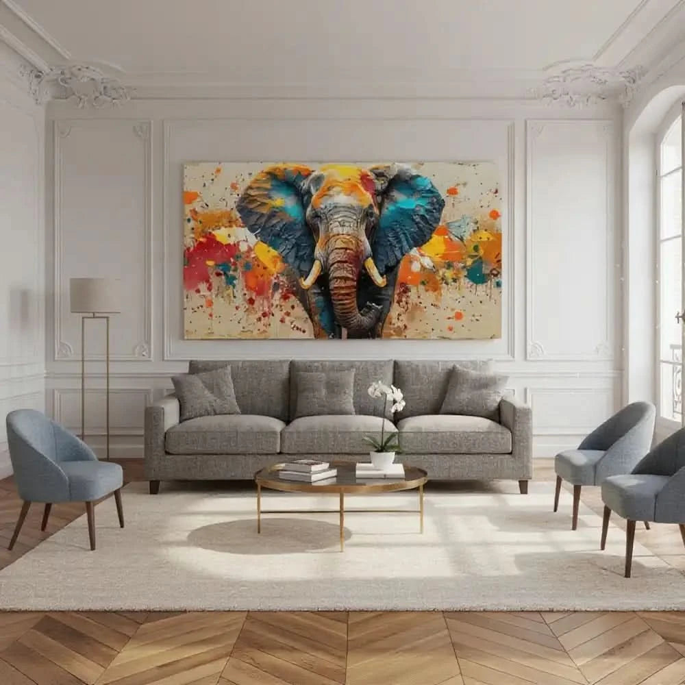 Toile d'un éléphant aux couleurs éclatantes, bleu profond, orange vif, rouge incandescent, énergie dynamique pour salon modern.