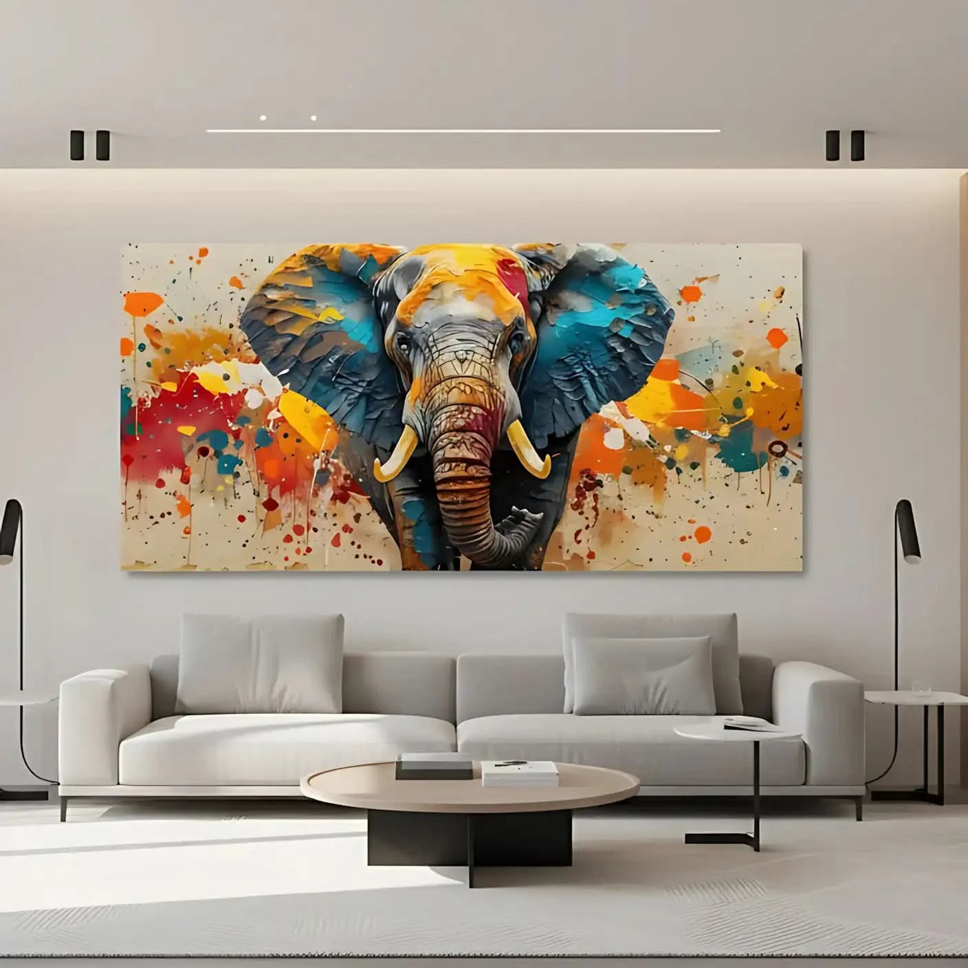 Toile d'un éléphant aux couleurs éclatantes, bleu profond, orange vif, rouge incandescent, énergie dynamique pour salon modern.