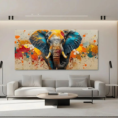Toile d'un éléphant aux couleurs éclatantes, bleu profond, orange vif, rouge incandescent, énergie dynamique pour salon modern.