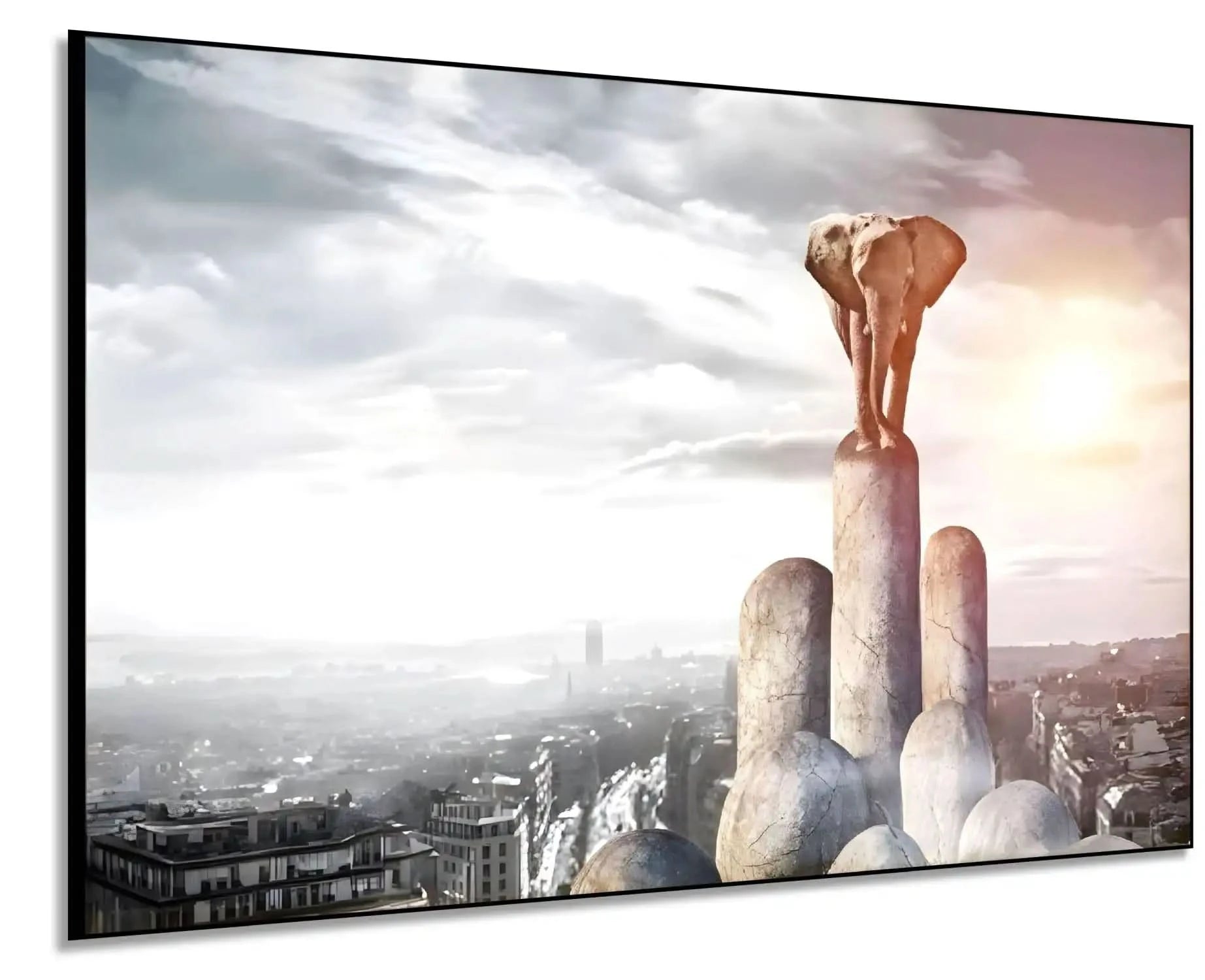 Éléphant sur piliers de pierre, ville moderne en arrière-plan, nuances de gris et beige, ambiance surréaliste et mystérieuse.