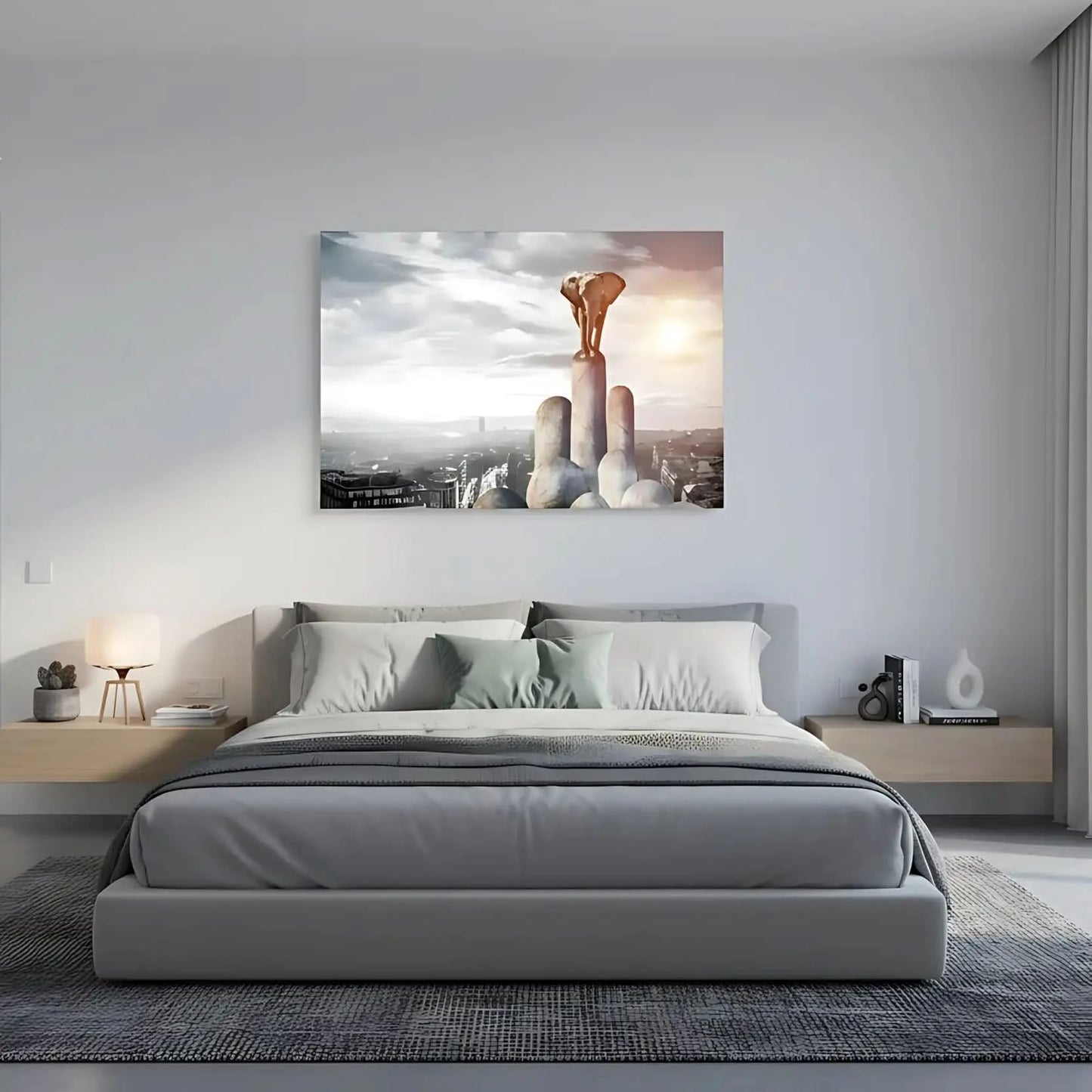 Éléphant sur piliers de pierre, ville moderne en arrière-plan, nuances de gris et beige, ambiance surréaliste et mystérieuse.