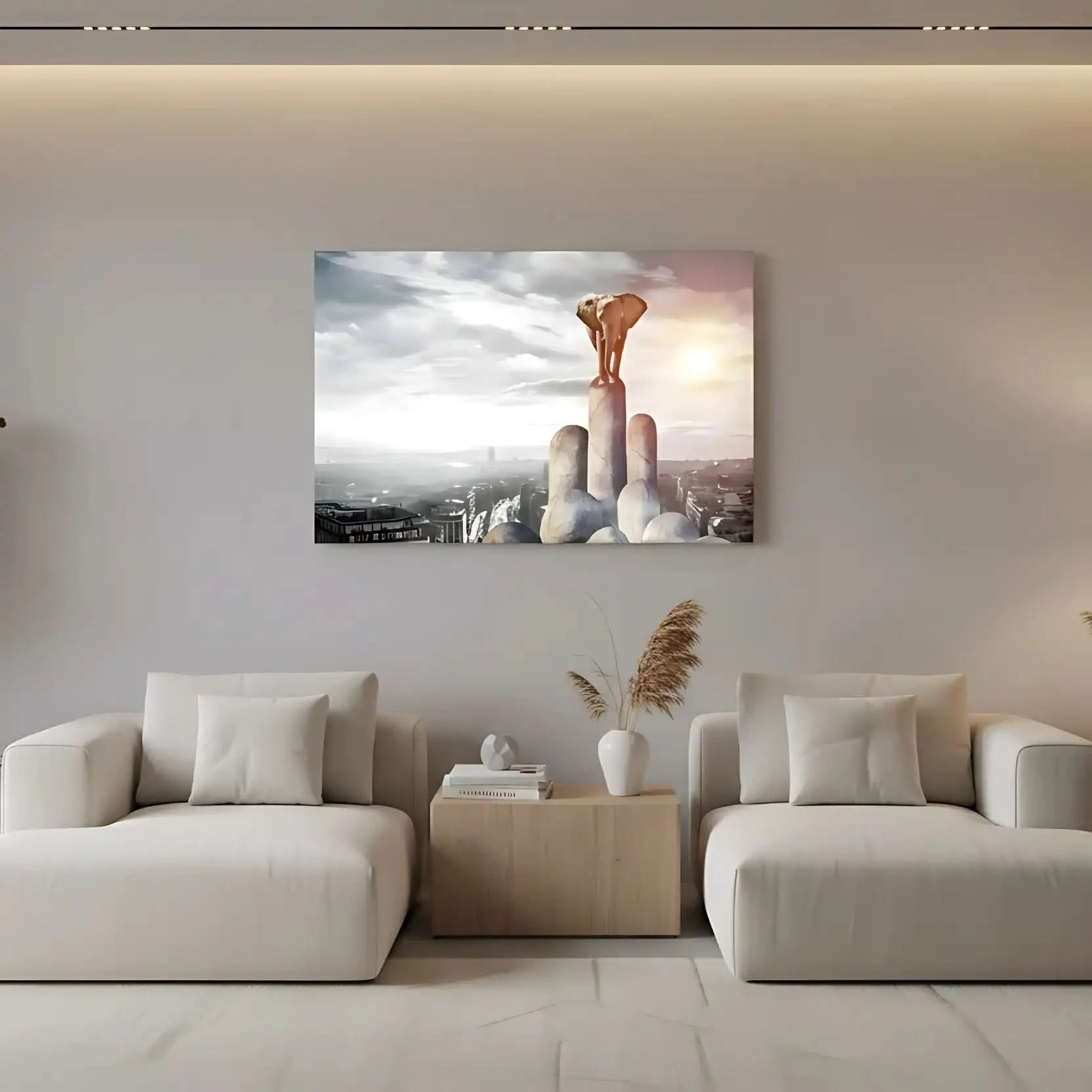 Éléphant sur piliers de pierre, ville moderne en arrière-plan, nuances de gris et beige, ambiance surréaliste et mystérieuse.