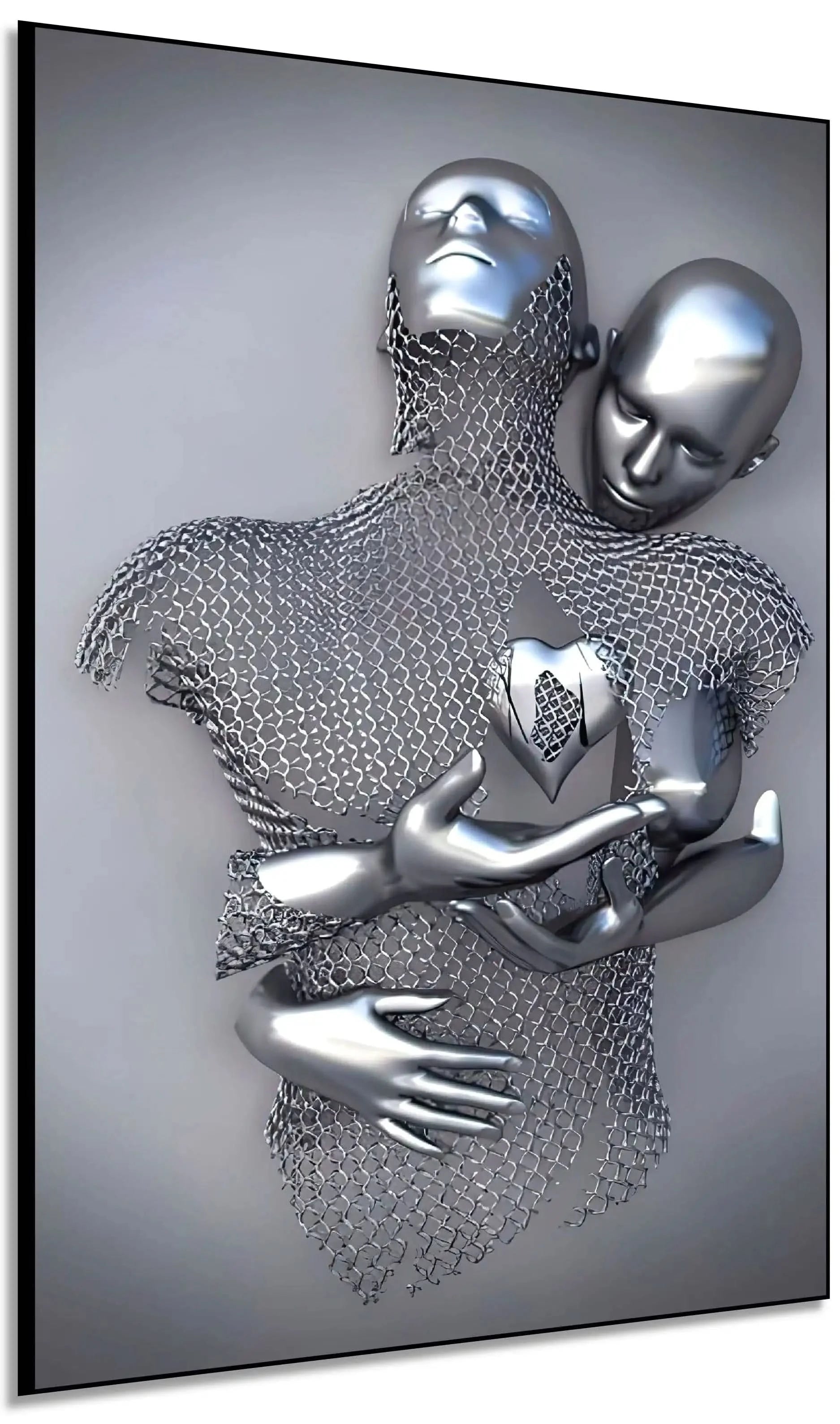 Silhouette en maille enlacée par un corps argenté portant un cœur, dans un tableau abstrait gris montrant amour et sérénité.