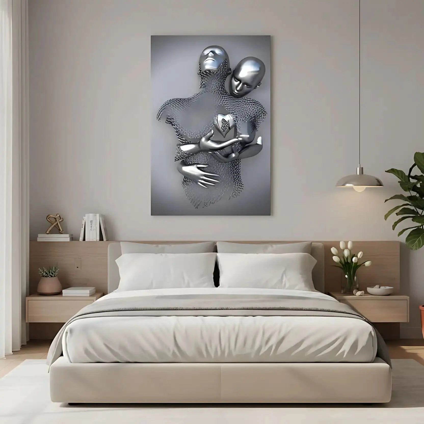 Silhouette en maille enlacée par un corps argenté portant un coeur, dans un tableau abstrait gris montrant amour et sérénité.