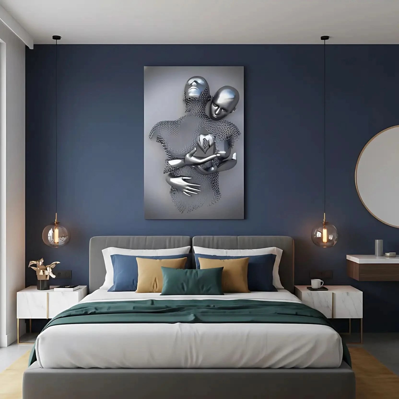 Silhouette en maille enlacée par un corps argenté portant un coeur, dans un tableau abstrait gris montrant amour et sérénité.