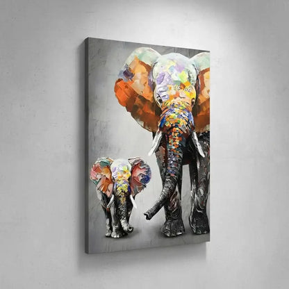 Peinture d'éléphants aux couleurs vibrantes, texture épaisse, ambiance joyeuse pour salon moderne ou chambre d'enfant.
