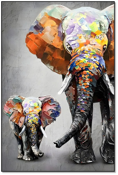 Peinture d'éléphants aux couleurs vibrantes, texture épaisse, ambiance joyeuse pour salon moderne ou chambre d'enfant.