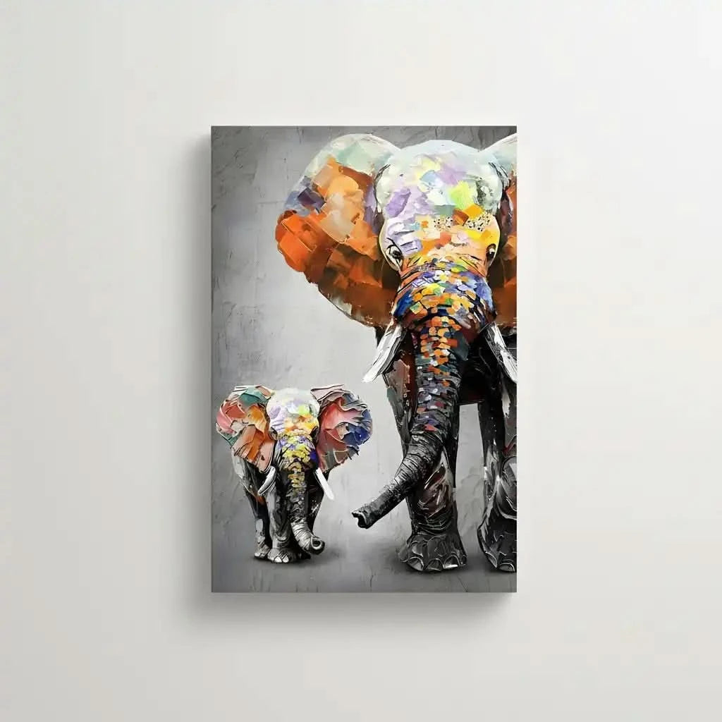 Peinture d'éléphants aux couleurs vibrantes, texture épaisse, ambiance joyeuse pour salon moderne ou chambre d'enfant.