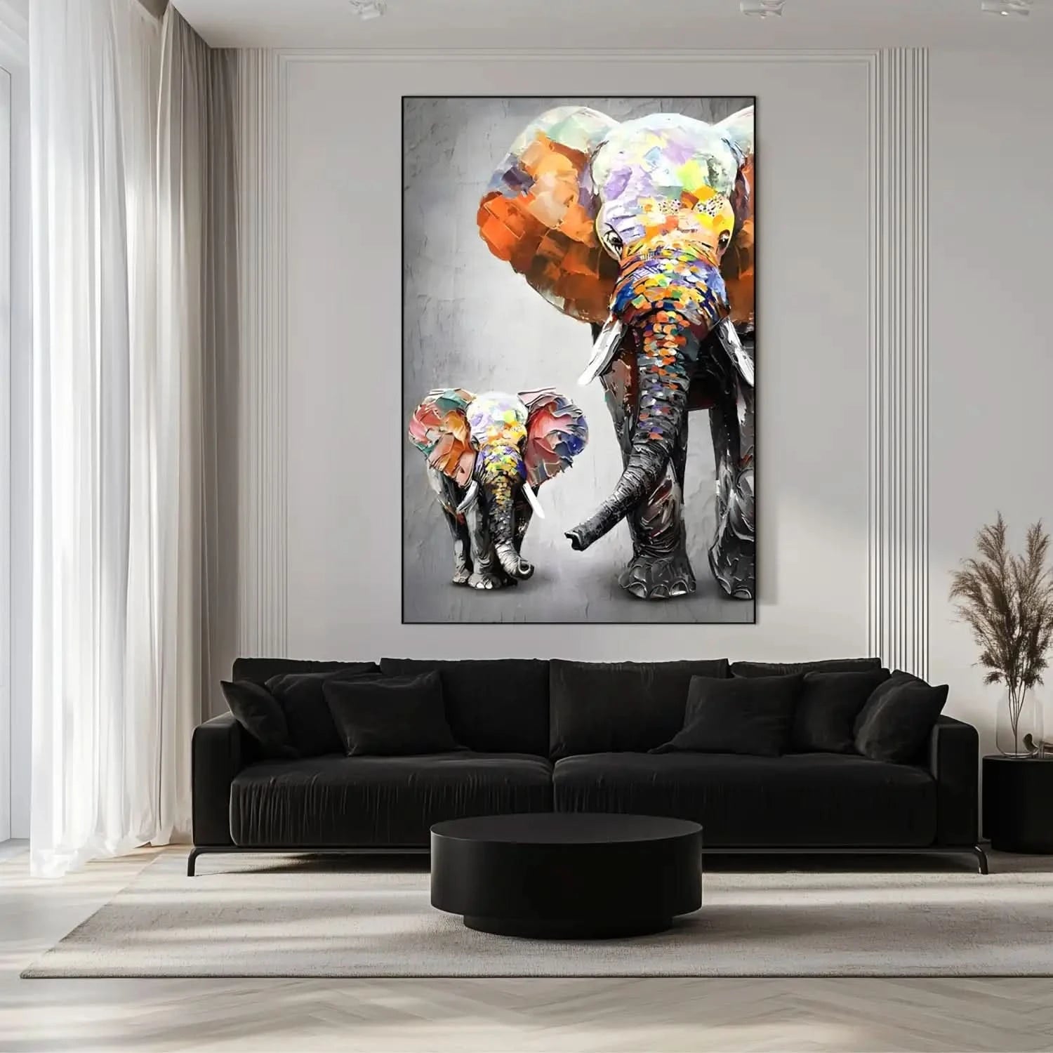 Peinture d'éléphants aux couleurs vibrantes, texture épaisse, ambiance joyeuse pour salon moderne ou chambre d'enfant.