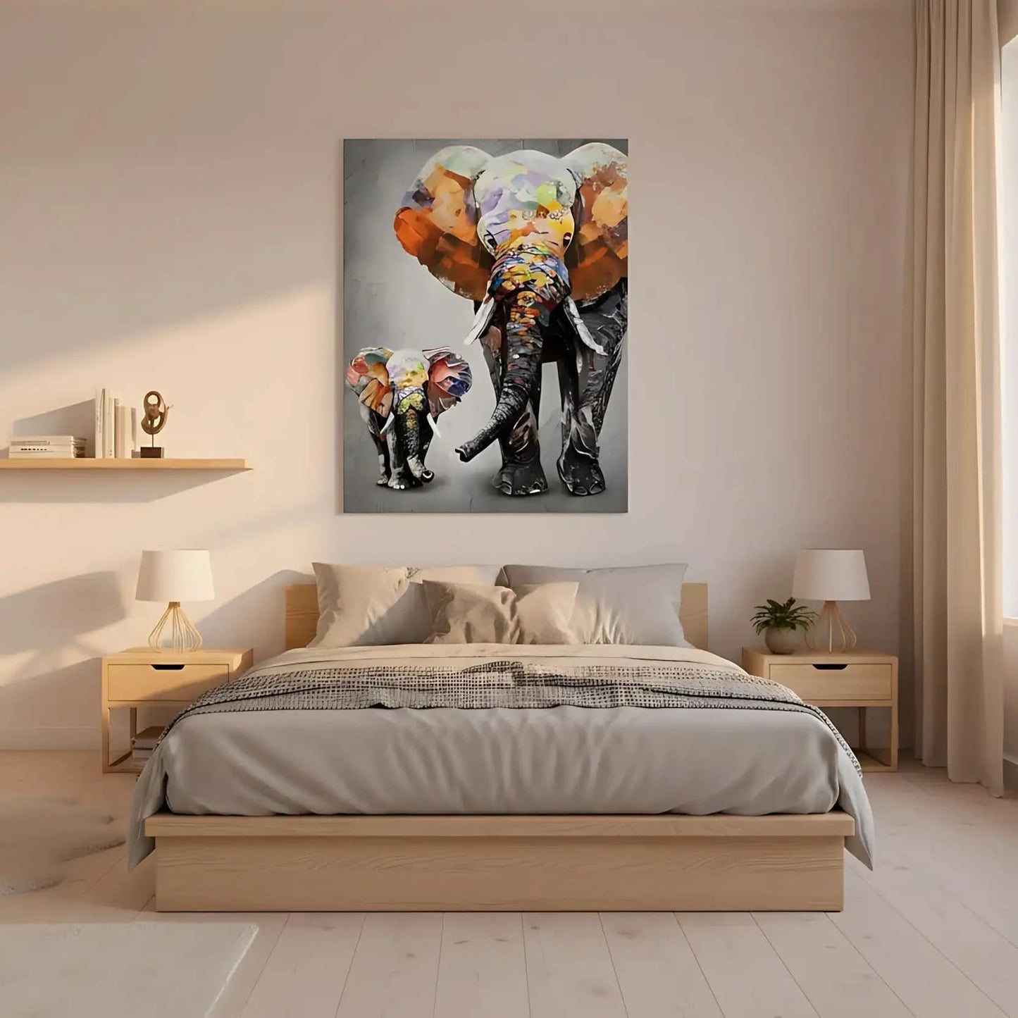 Peinture d'éléphants aux couleurs vibrantes, texture épaisse, ambiance joyeuse pour salon moderne ou chambre d'enfant.