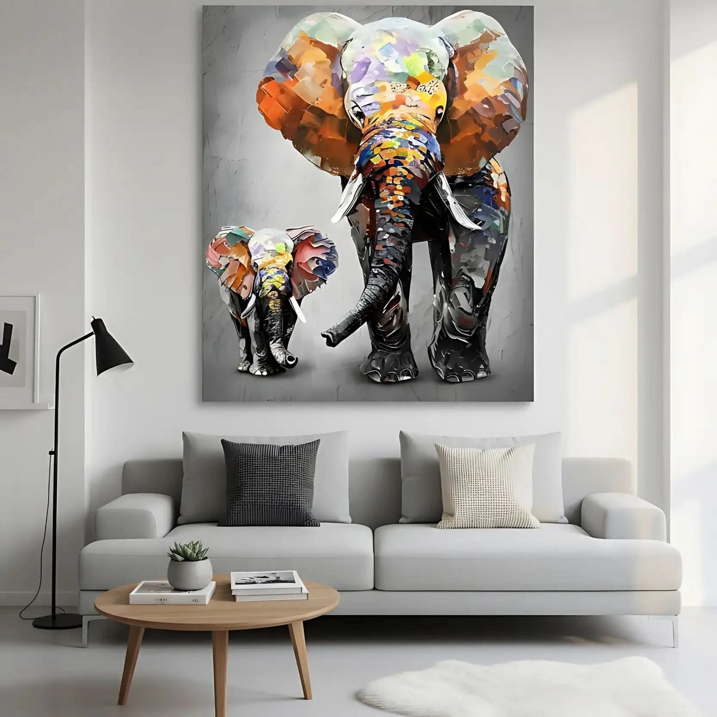 Peinture d'éléphants aux couleurs vibrantes, texture épaisse, ambiance joyeuse pour salon moderne ou chambre d'enfant.