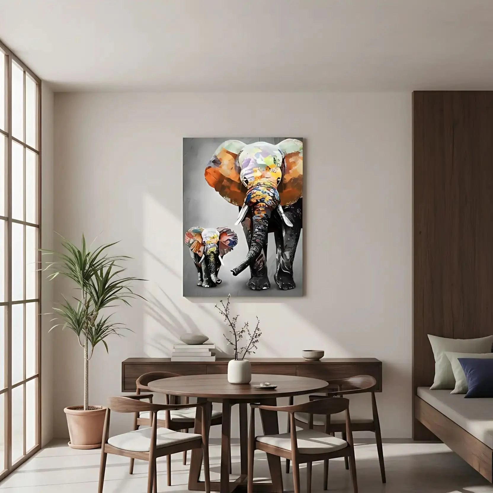 Peinture d'éléphants aux couleurs vibrantes, texture épaisse, ambiance joyeuse pour salon moderne ou chambre d'enfant.