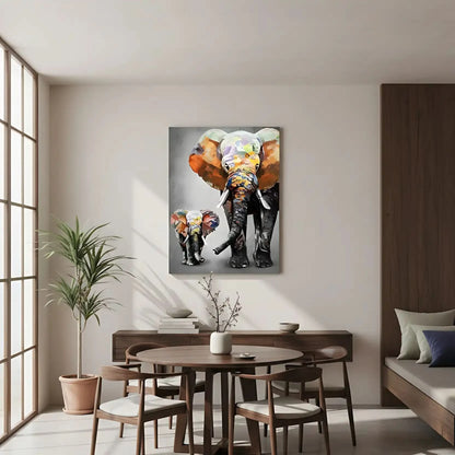 Peinture d'éléphants aux couleurs vibrantes, texture épaisse, ambiance joyeuse pour salon moderne ou chambre d'enfant.