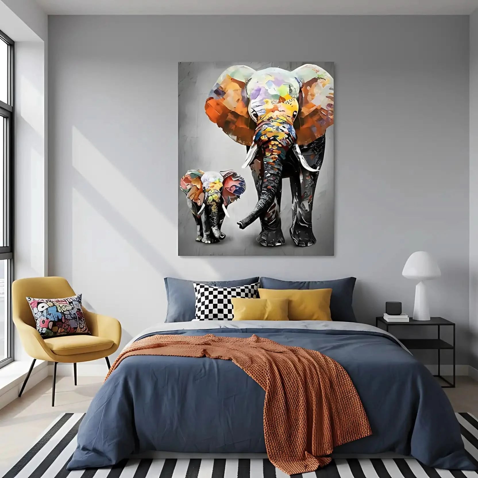 Peinture d'éléphants aux couleurs vibrantes, texture épaisse, ambiance joyeuse pour salon moderne ou chambre d'enfant.