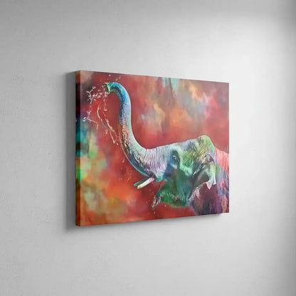 Éléphant aux couleurs arc-en-ciel éclaboussant d'eau, ambiance dynamique et colorée pour salon moderne ou bureau.