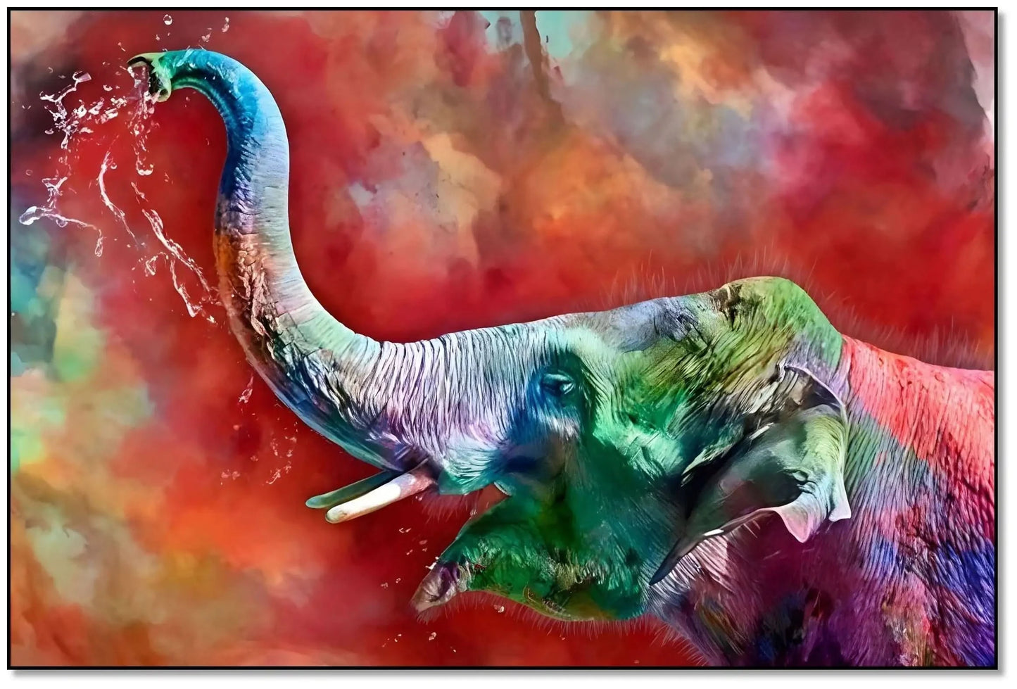 Éléphant aux couleurs arc-en-ciel éclaboussant d'eau, ambiance dynamique et colorée pour salon moderne ou bureau.