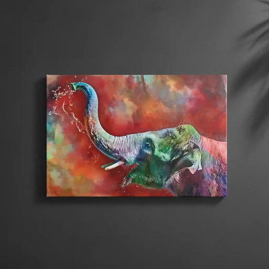 Éléphant aux couleurs arc-en-ciel éclaboussant d'eau, ambiance dynamique et colorée pour salon moderne ou bureau.