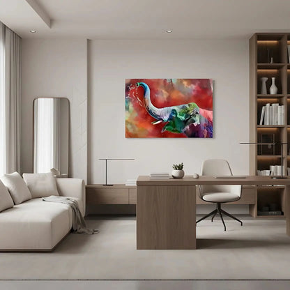 Éléphant aux couleurs arc-en-ciel éclaboussant d'eau, ambiance dynamique et colorée pour salon moderne ou bureau.