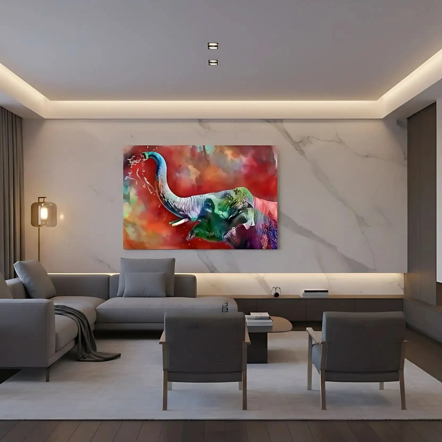 Éléphant aux couleurs arc-en-ciel éclaboussant d'eau, ambiance dynamique et colorée pour salon moderne ou bureau.