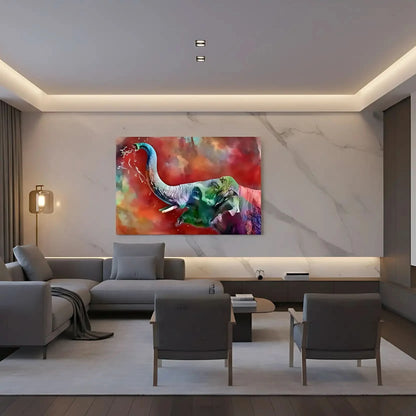 Éléphant aux couleurs arc-en-ciel éclaboussant d'eau, ambiance dynamique et colorée pour salon moderne ou bureau.