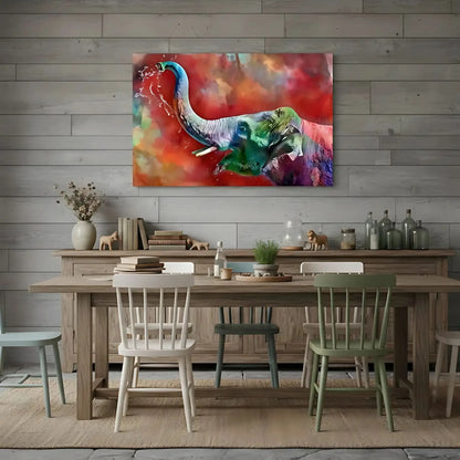 Éléphant aux couleurs arc-en-ciel éclaboussant d'eau, ambiance dynamique et colorée pour salon moderne ou bureau.
