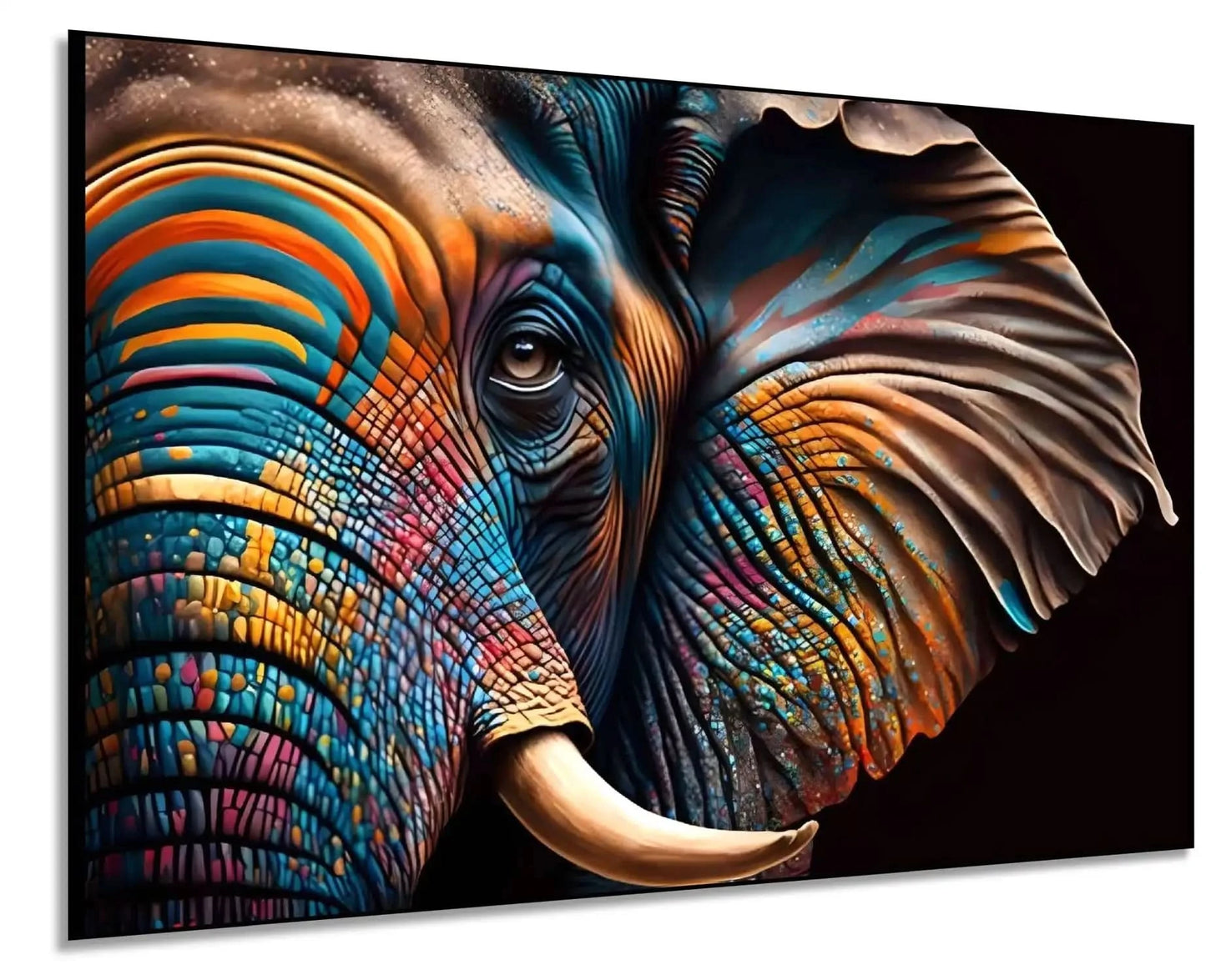 Éléphant stylisé avec motifs géométriques, couleurs vibrantes bleu, orange et jaune, ambiance énergique pour salon moderne.