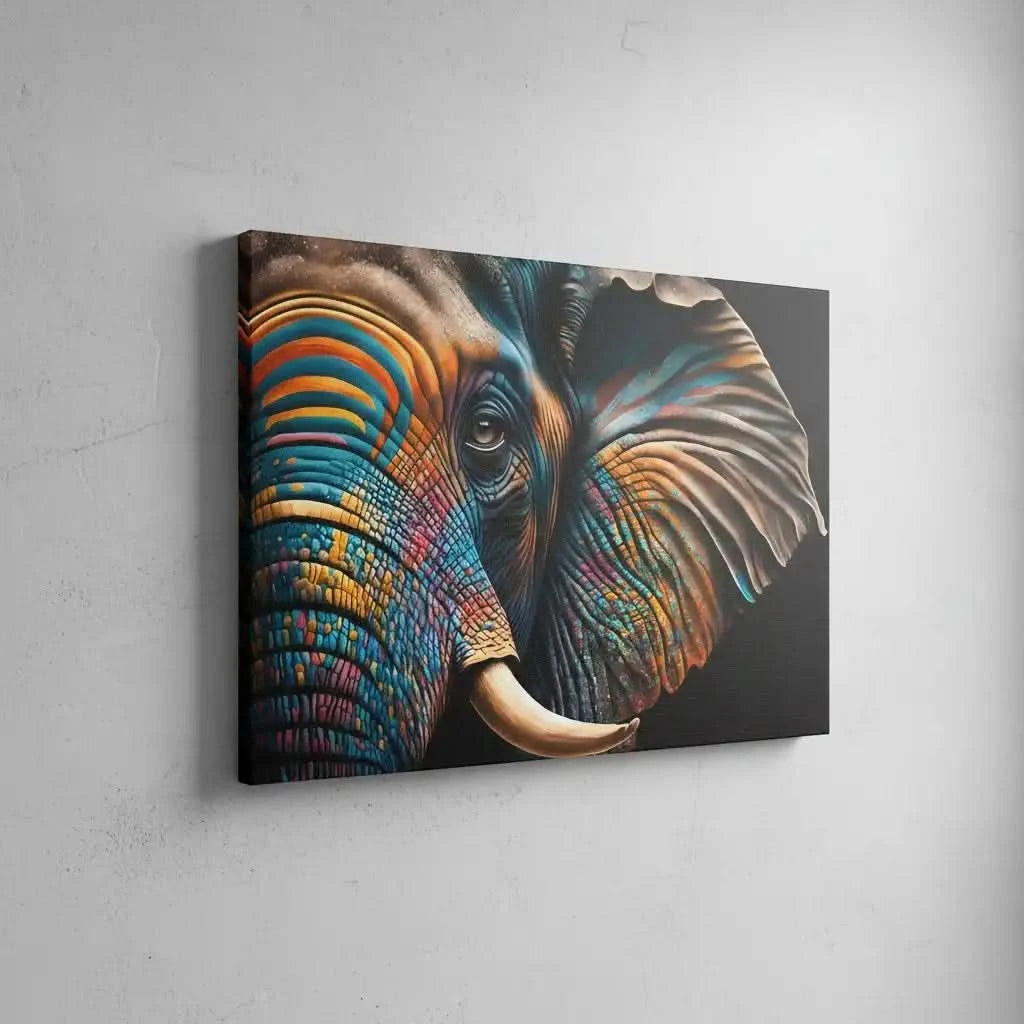 Éléphant stylisé avec motifs géométriques, couleurs vibrantes bleu, orange et jaune, ambiance énergique pour salon moderne.
