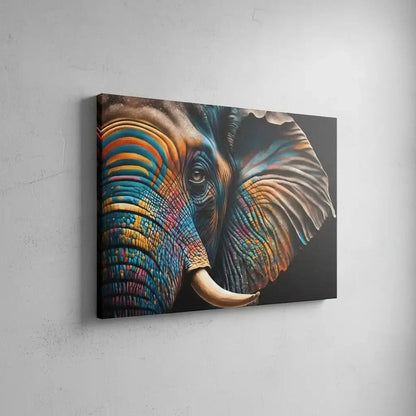 Éléphant stylisé avec motifs géométriques, couleurs vibrantes bleu, orange et jaune, ambiance énergique pour salon moderne.