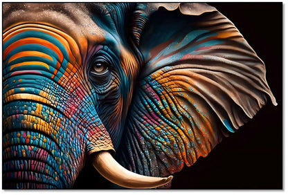 Éléphant stylisé avec motifs géométriques, couleurs vibrantes bleu, orange et jaune, ambiance énergique pour salon moderne.