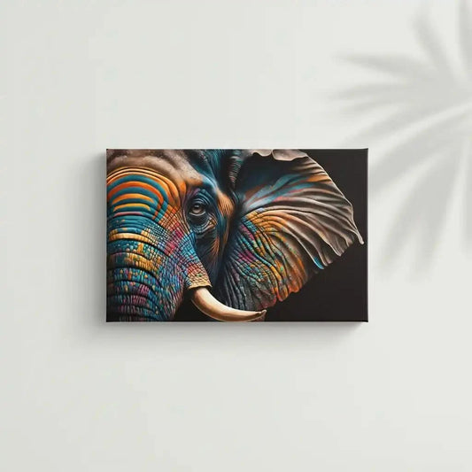 Éléphant stylisé avec motifs géométriques, couleurs vibrantes bleu, orange et jaune, ambiance énergique pour salon moderne.