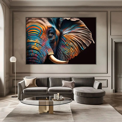 Éléphant stylisé avec motifs géométriques, couleurs vibrantes bleu, orange et jaune, ambiance énergique pour salon moderne.