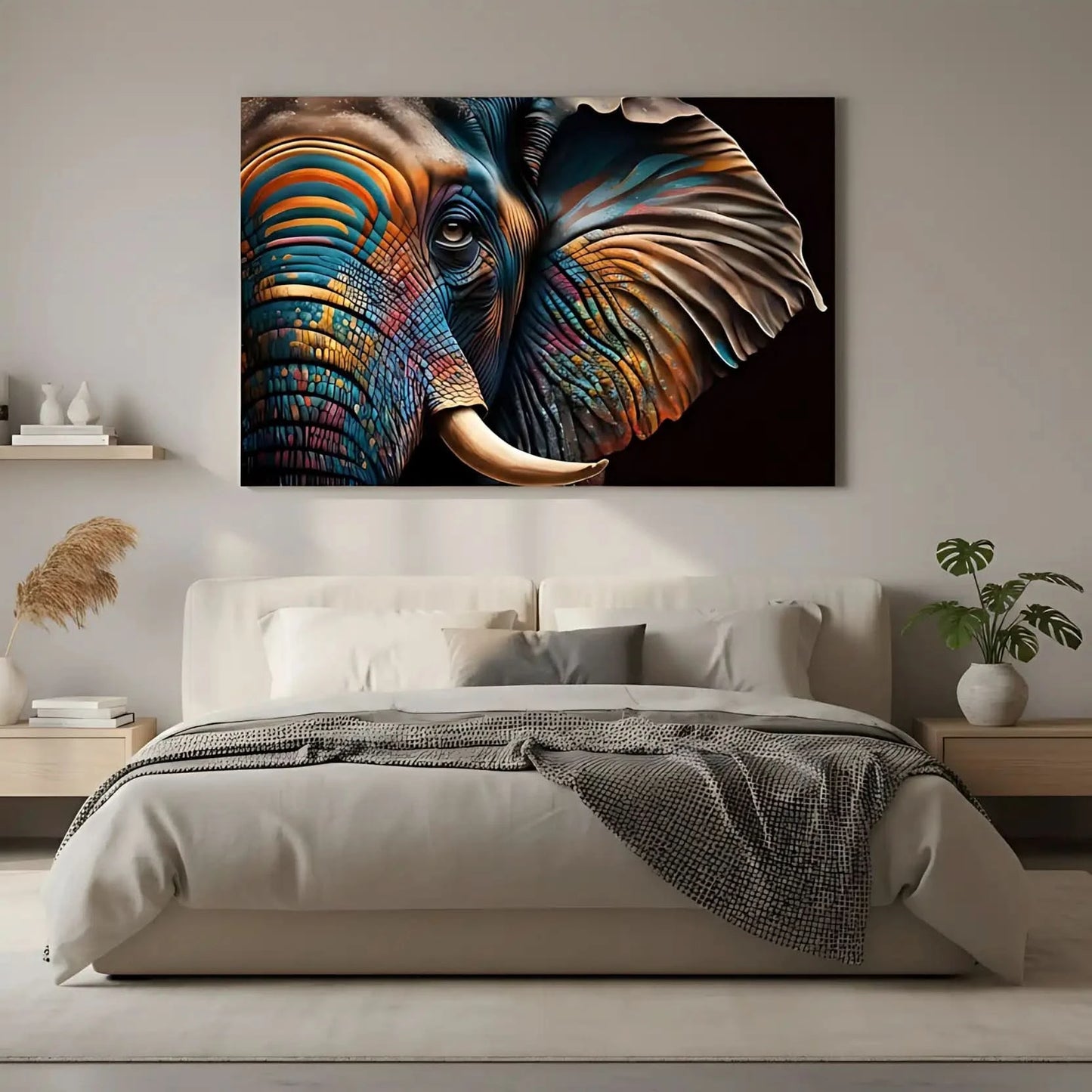 Éléphant stylisé avec motifs géométriques, couleurs vibrantes bleu, orange et jaune, ambiance énergique pour salon moderne.