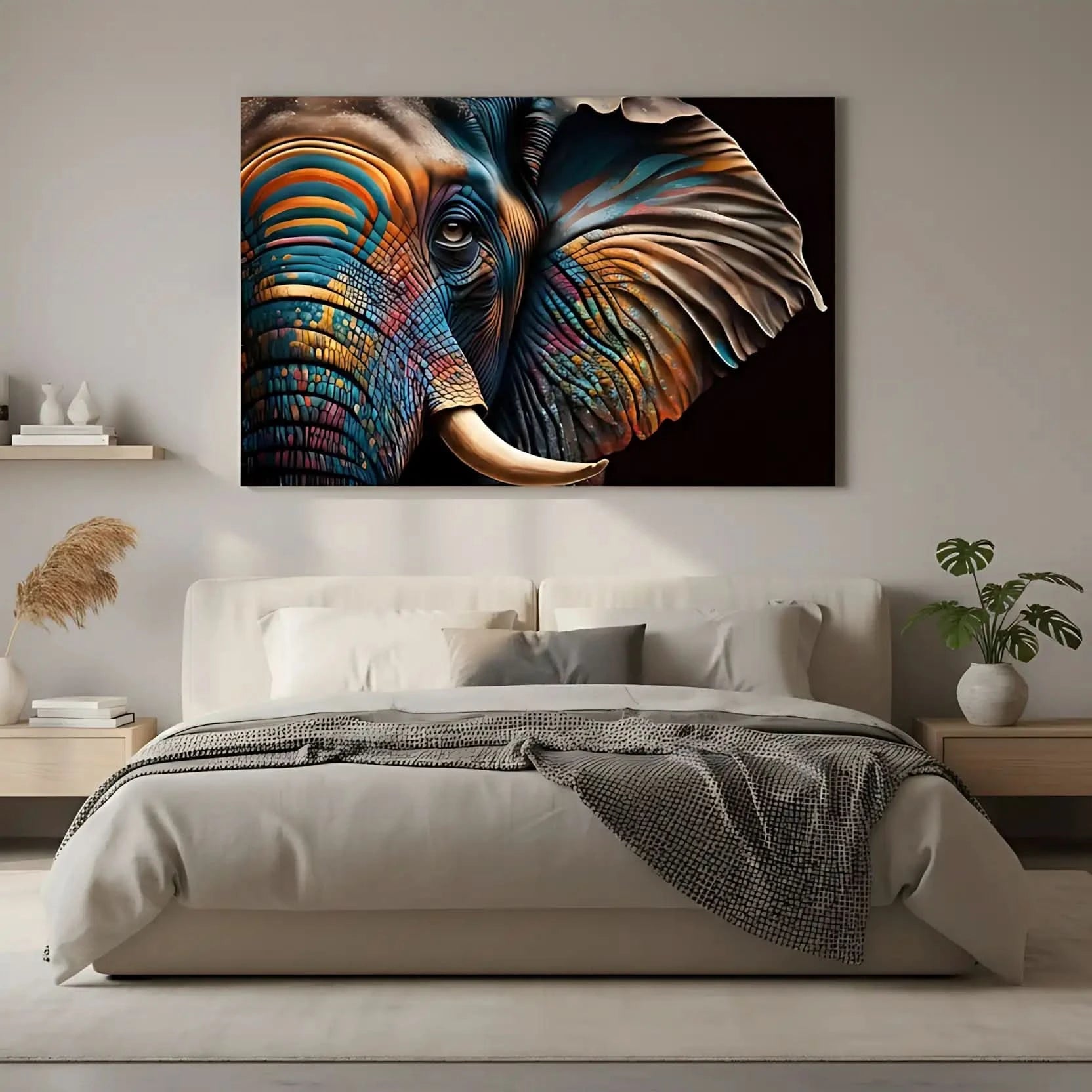 Éléphant stylisé avec motifs géométriques, couleurs vibrantes bleu, orange et jaune, ambiance énergique pour salon moderne.