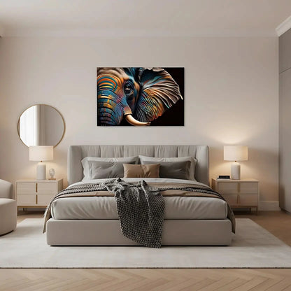 Éléphant stylisé avec motifs géométriques, couleurs vibrantes bleu, orange et jaune, ambiance énergique pour salon moderne.