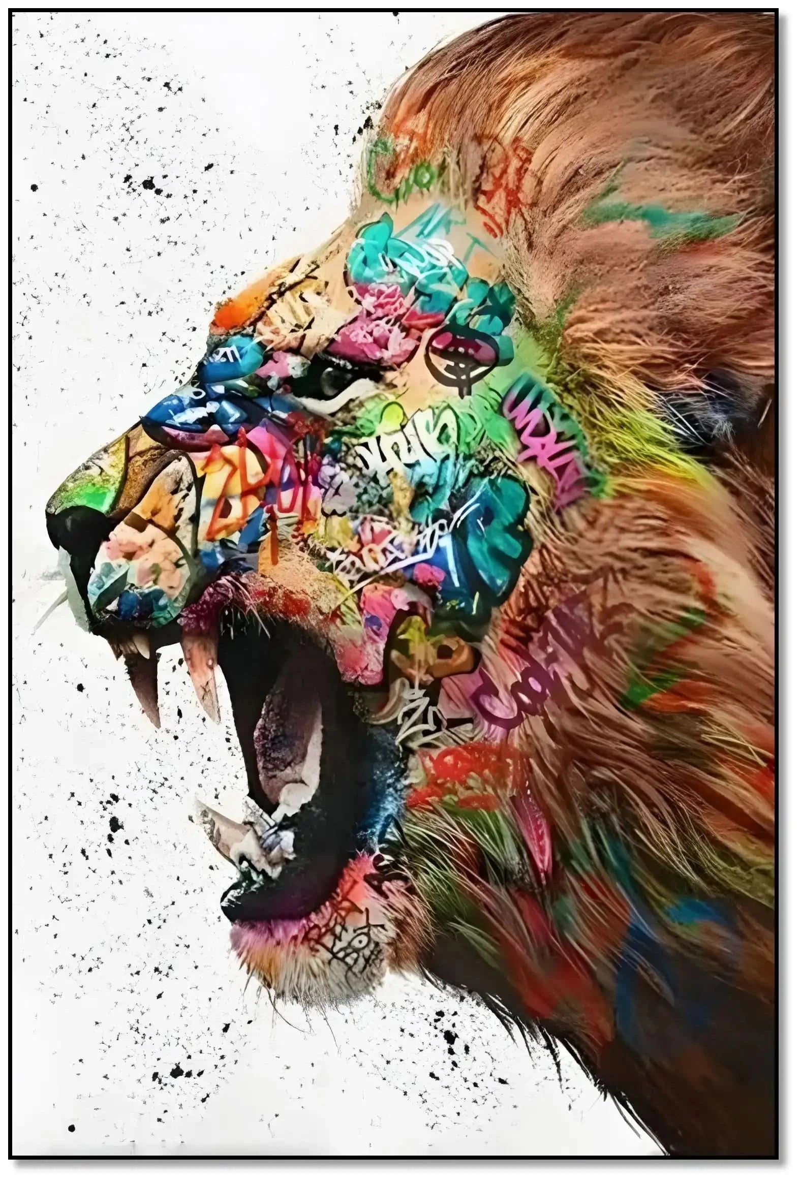 Lion majestueux en street art, crinière multicolore, énergie urbaine pour salon moderne ou bureau créatif.