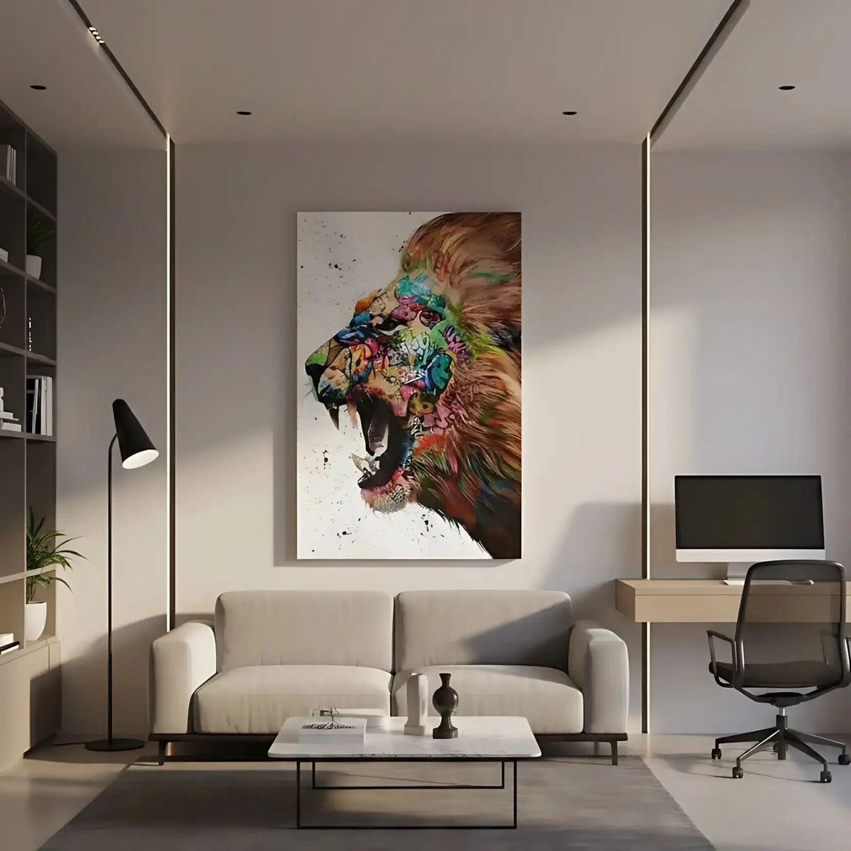 Lion majestueux en street art, crinière multicolore, énergie urbaine pour salon moderne ou bureau créatif.