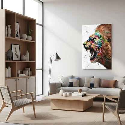 Lion majestueux en street art, crinière multicolore, énergie urbaine pour salon moderne ou bureau créatif.