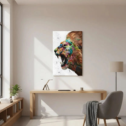 Lion majestueux en street art, crinière multicolore, énergie urbaine pour salon moderne ou bureau créatif.
