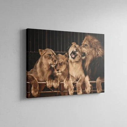 Groupe de lions majestueux aux teintes dorées et brunes, ambiance de force tranquille pour salon ou bureau.