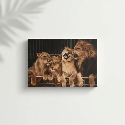 Groupe de lions majestueux aux teintes dorées et brunes, ambiance de force tranquille pour salon ou bureau.