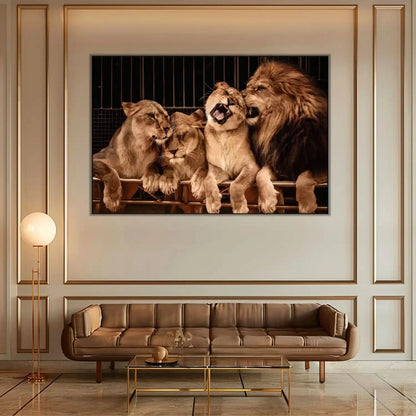 Groupe de lions majestueux aux teintes dorées et brunes, ambiance de force tranquille pour salon ou bureau.