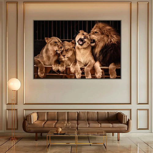 Groupe de lions majestueux aux teintes dorées et brunes, ambiance de force tranquille pour salon ou bureau.