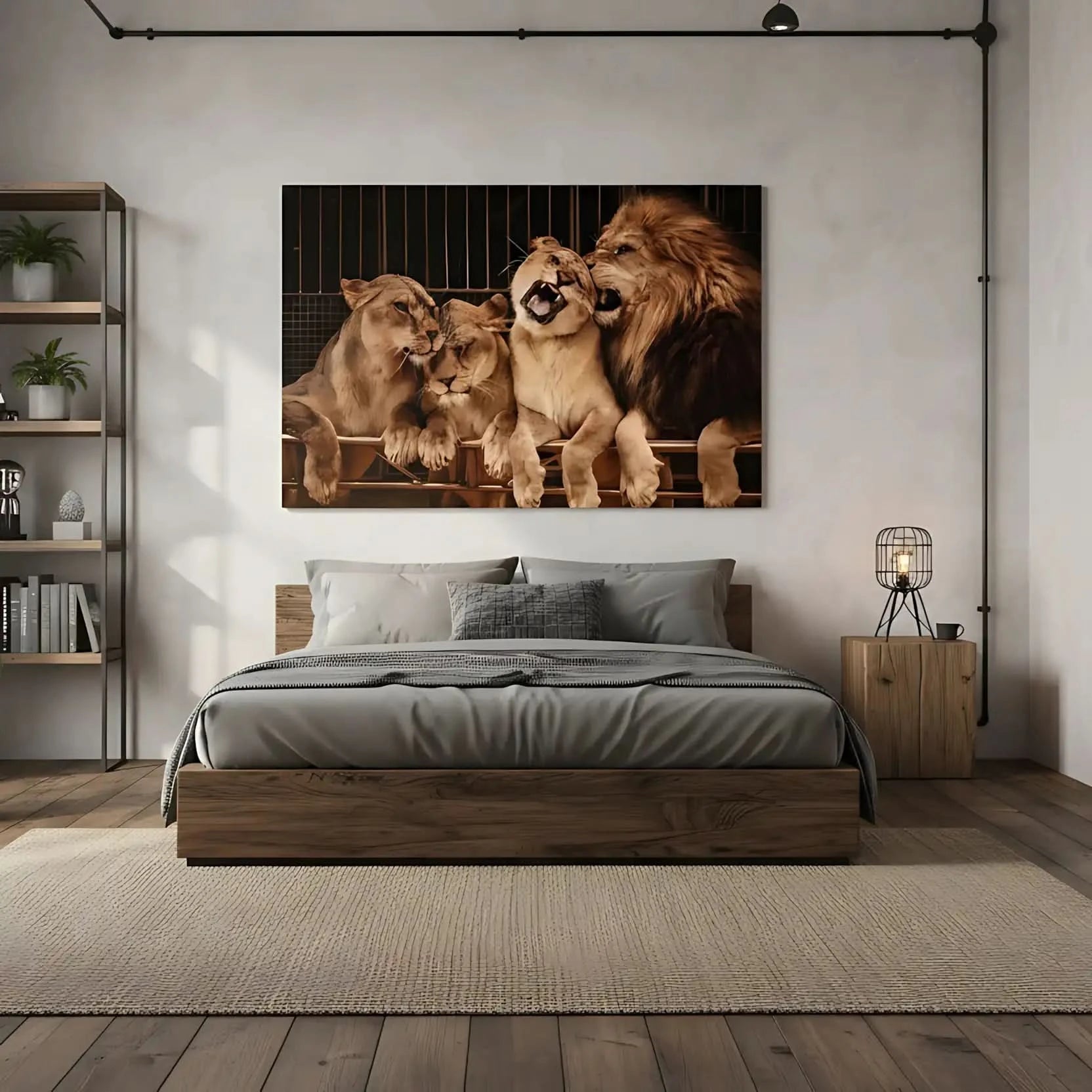 Groupe de lions majestueux aux teintes dorées et brunes, ambiance de force tranquille pour salon ou bureau.