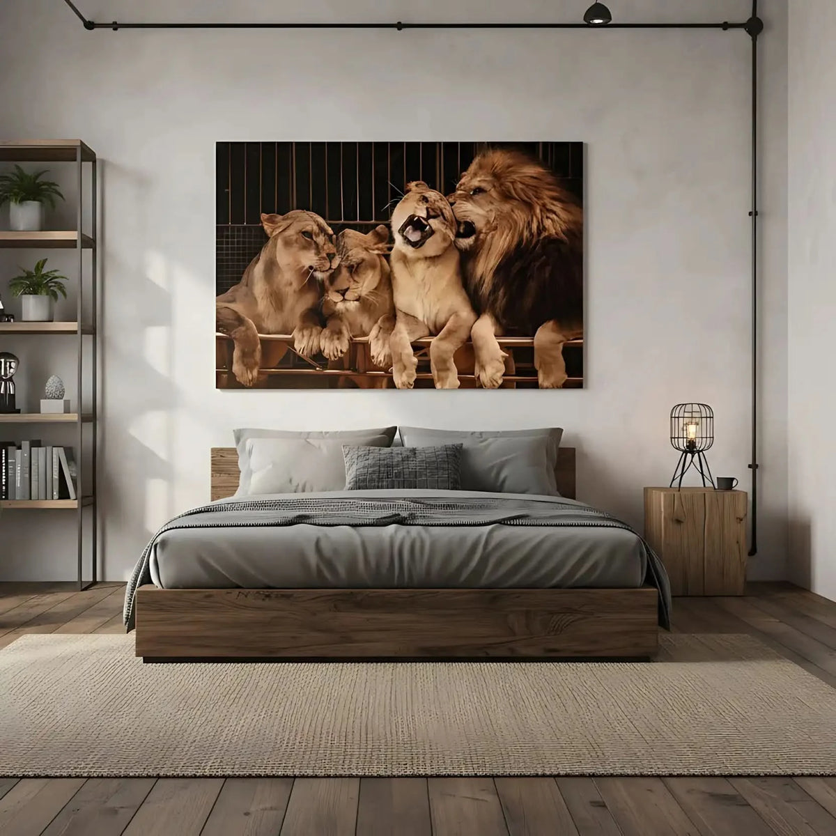 Groupe de lions majestueux aux teintes dorées et brunes, ambiance de force tranquille pour salon ou bureau.