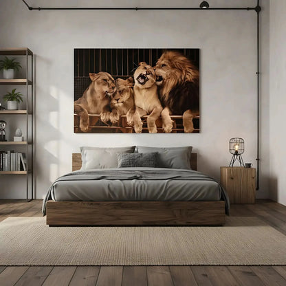 Groupe de lions majestueux aux teintes dorées et brunes, ambiance de force tranquille pour salon ou bureau.