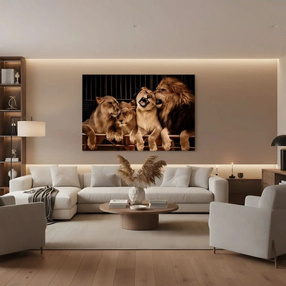 Groupe de lions majestueux aux teintes dorées et brunes, ambiance de force tranquille pour salon ou bureau.