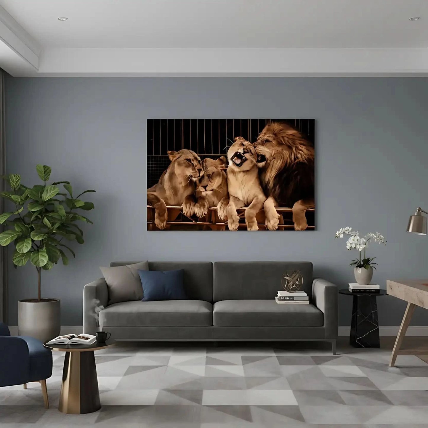 Groupe de lions majestueux aux teintes dorées et brunes, ambiance de force tranquille pour salon ou bureau.